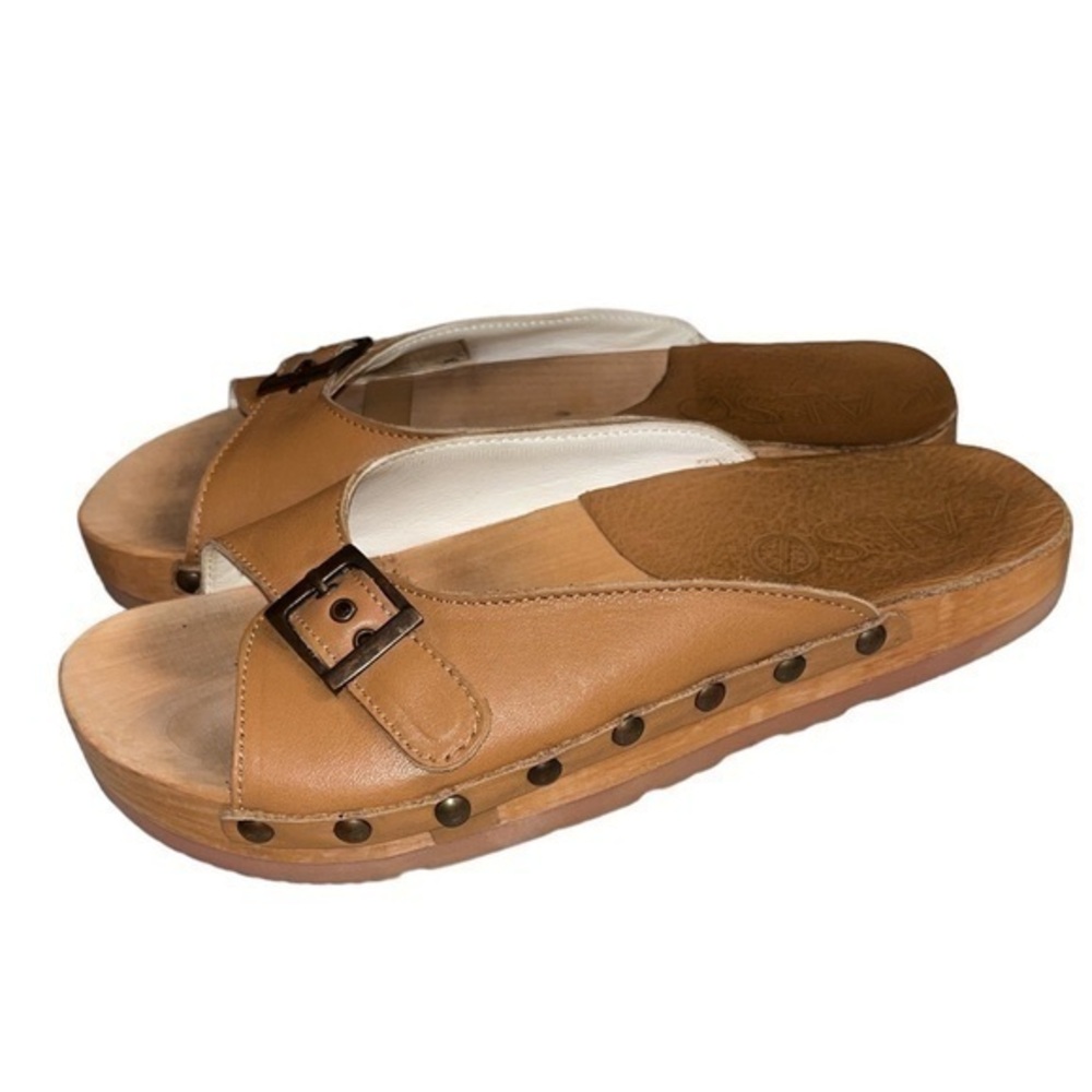Kalso Earth Leather SERENITY Negative Heel Wooden Sandal Danish Slip On Sz 7.5
